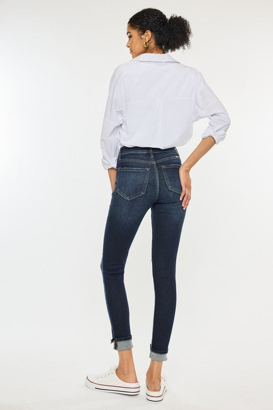 High Rise Button Down Cuffed Ankle Skinny Jeans