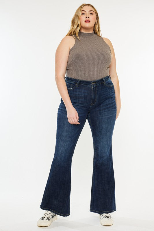 Plus Petite Dark Wash Mid Rise Flare Jeans