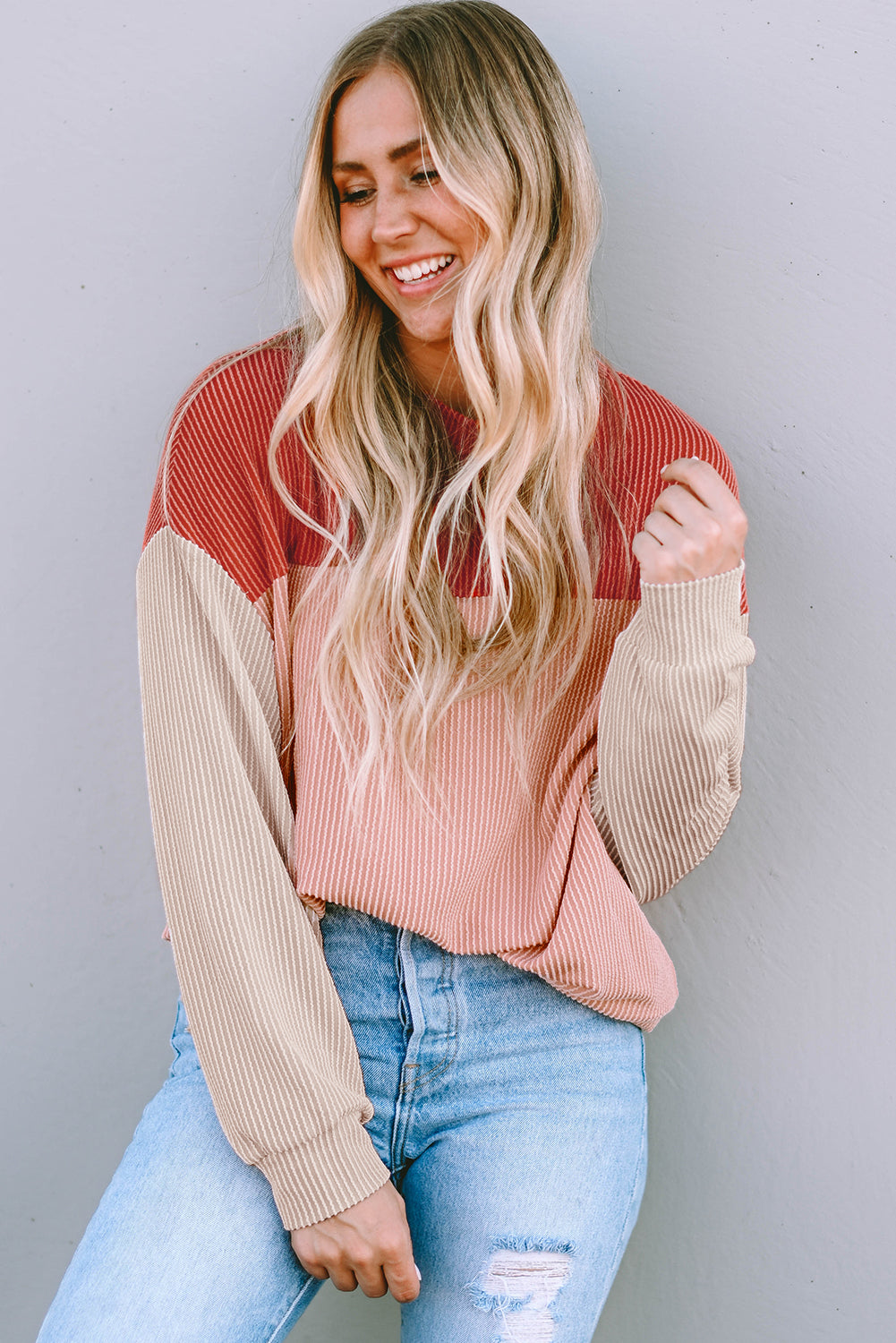 Red Color Block Long Sleeve Ribbed Loose Top